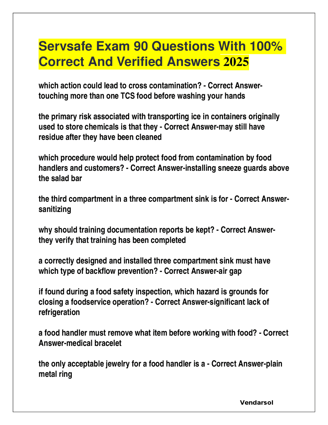 Servsafe Exam 90 Questions With 100% Correct And Verified Answers 2025 |  Exams Advanced Education