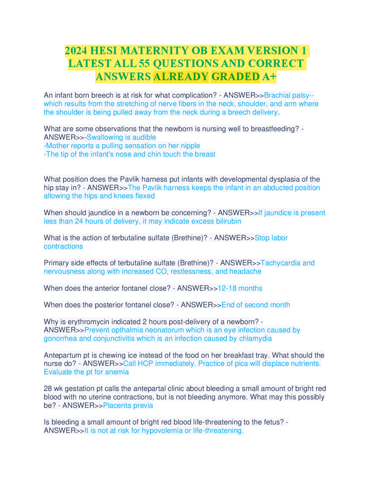 2025 HESI MATERNITY OB EXAM VERSION 1 LATEST ALL 55 QUESTIONS AND ...