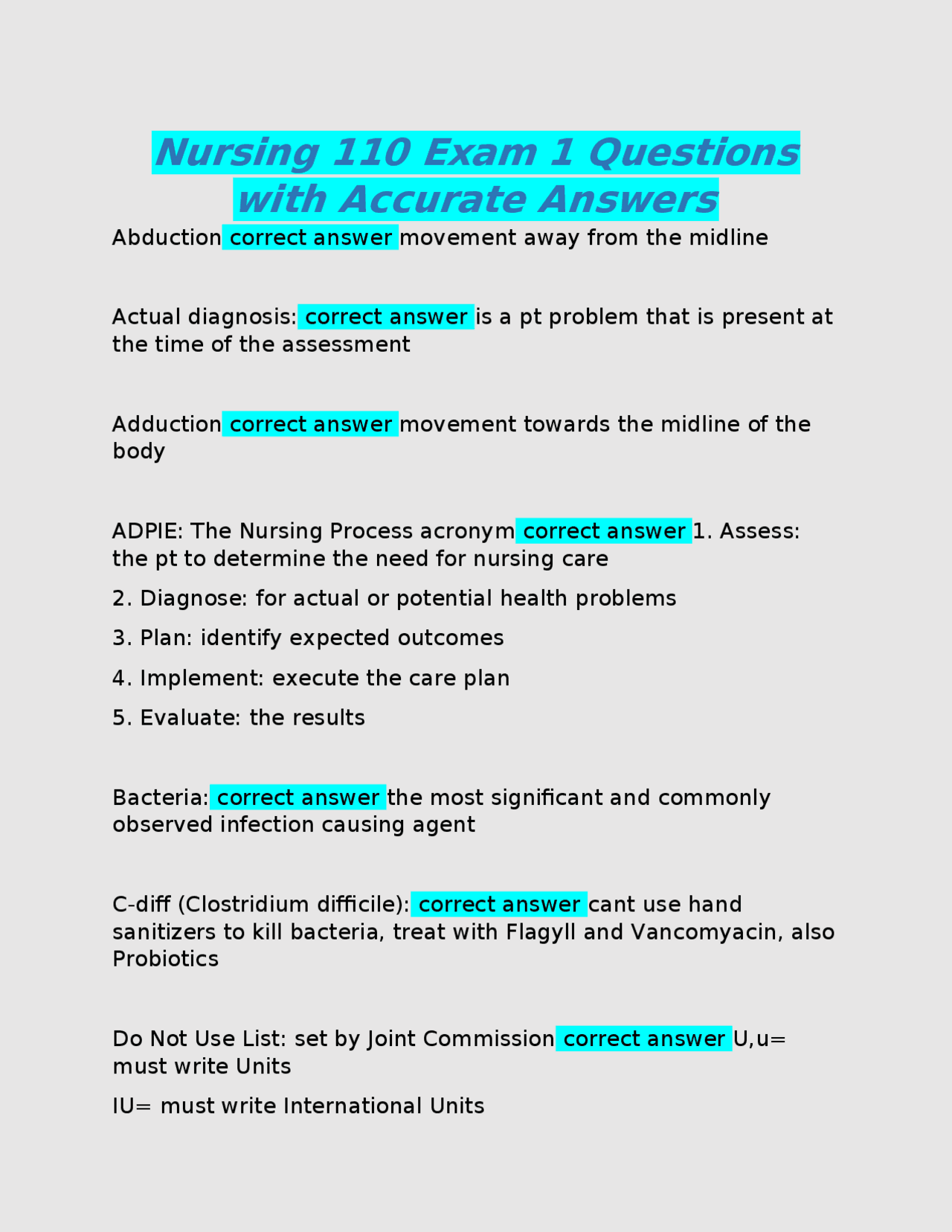 Nursing 110 Exam 1 Questions with Accurate Answers | Exams Nursing ...
