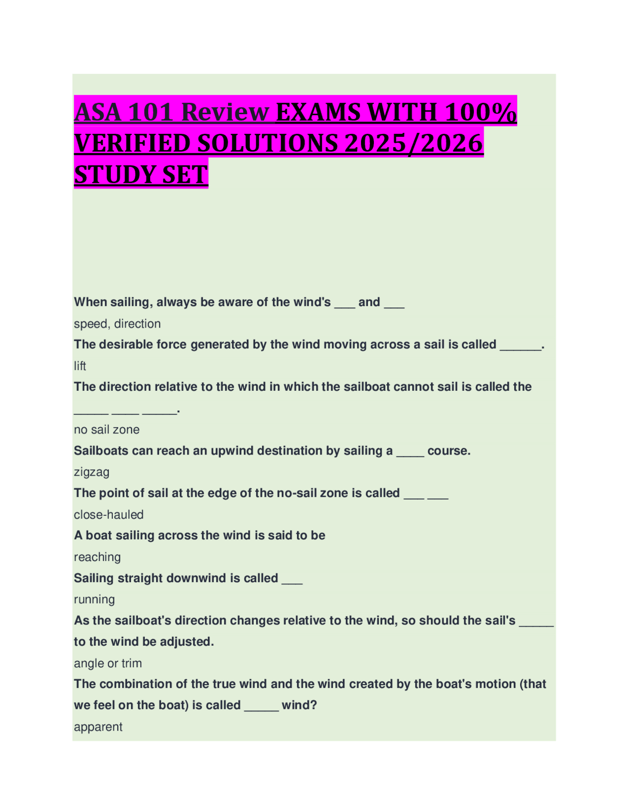 ASA 101 Review EXAMS WITH 100% VERIFIED SOLUTIONS 2025/2026 STUDY SET ...