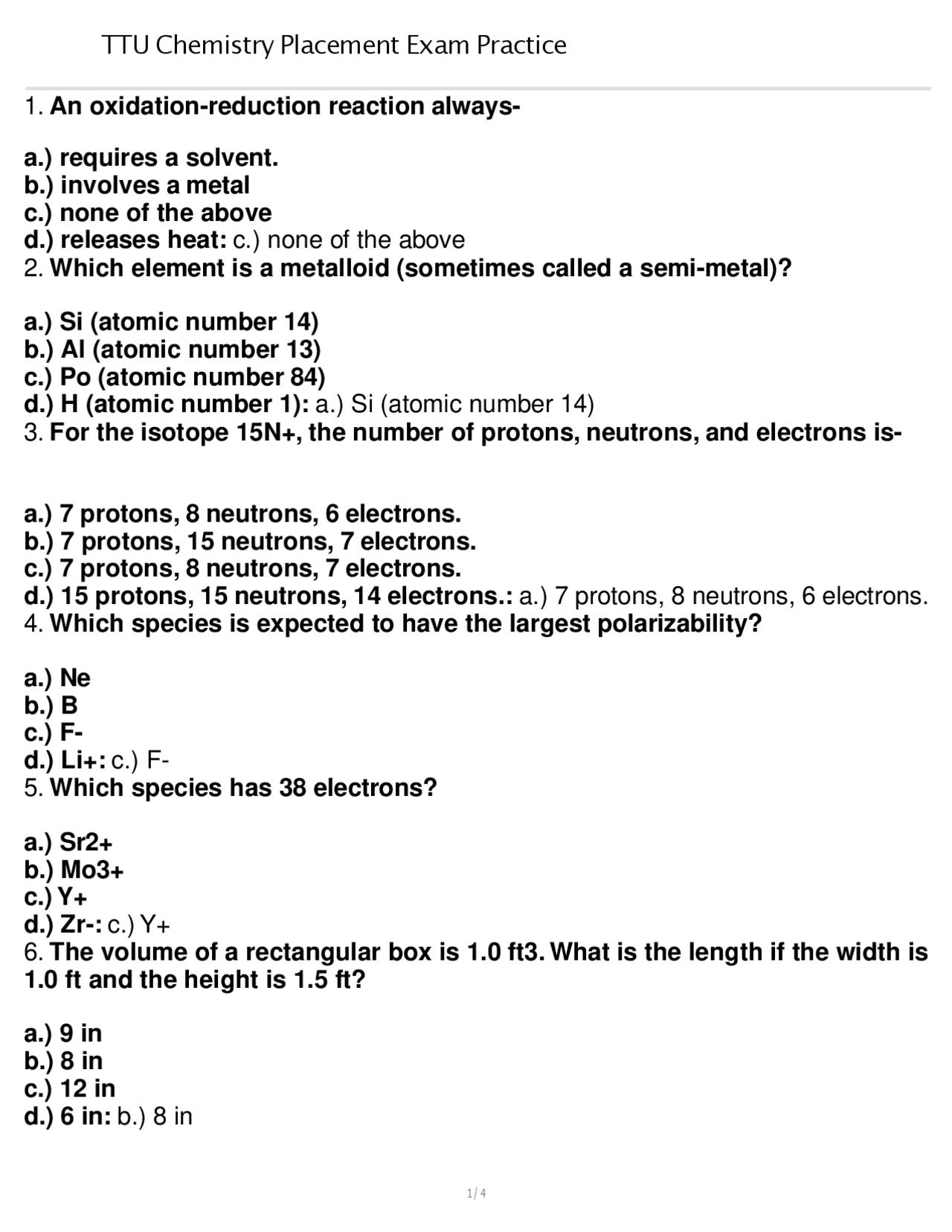 Chemistry Placement Exam Practice Test | Exams Chemistry | Docsity