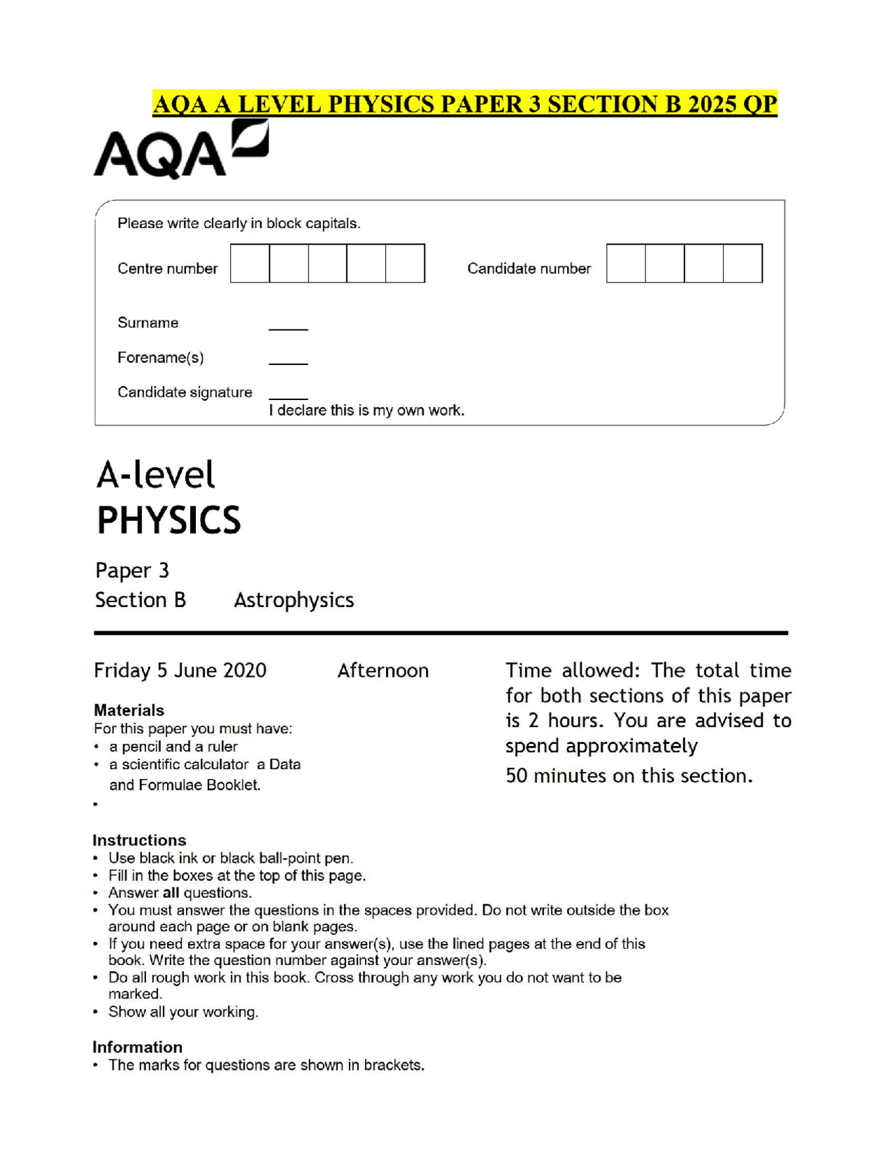 AQA A LEVEL PHYSICS PAPER 3 SECTION B 2025 QP | Exams Physics | Docsity
