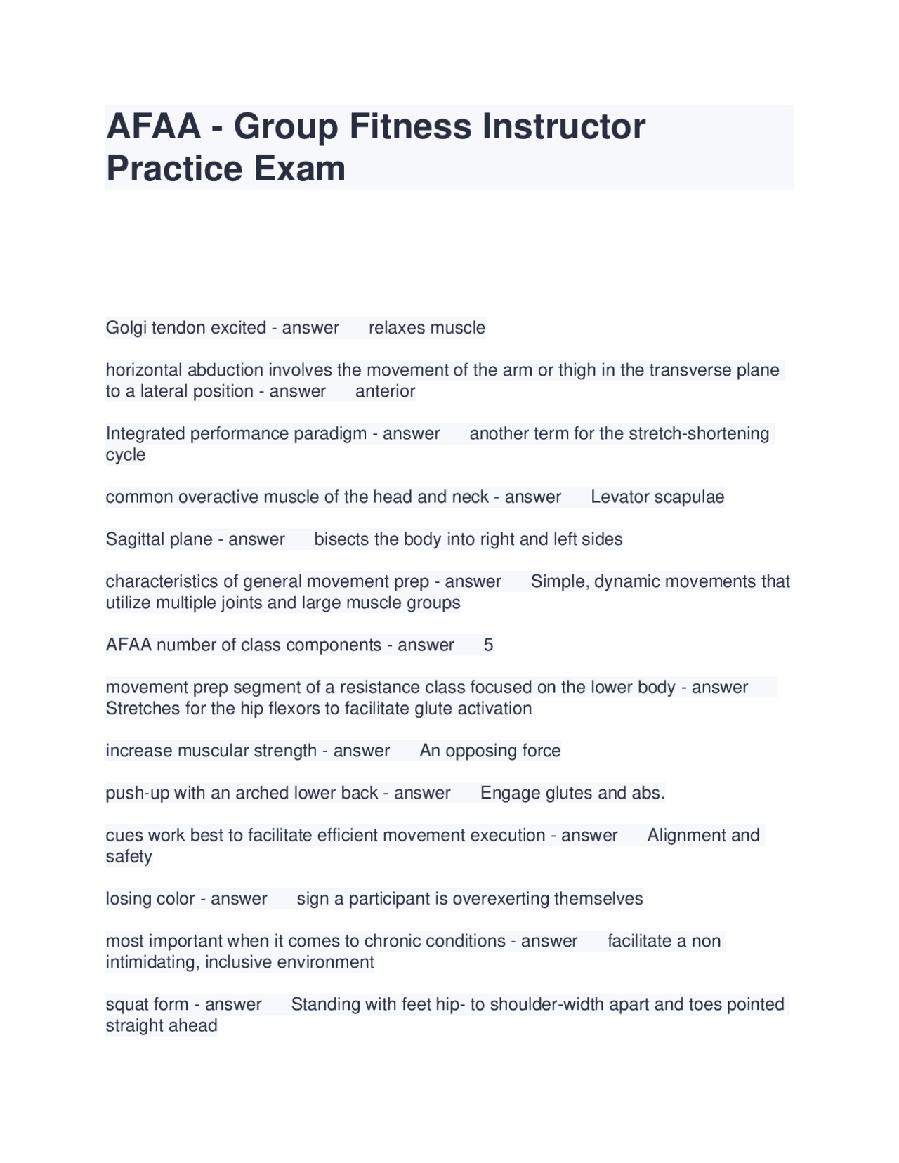 AFAA - Group Fitness Instructor Practice Exam Questions and Answers ...