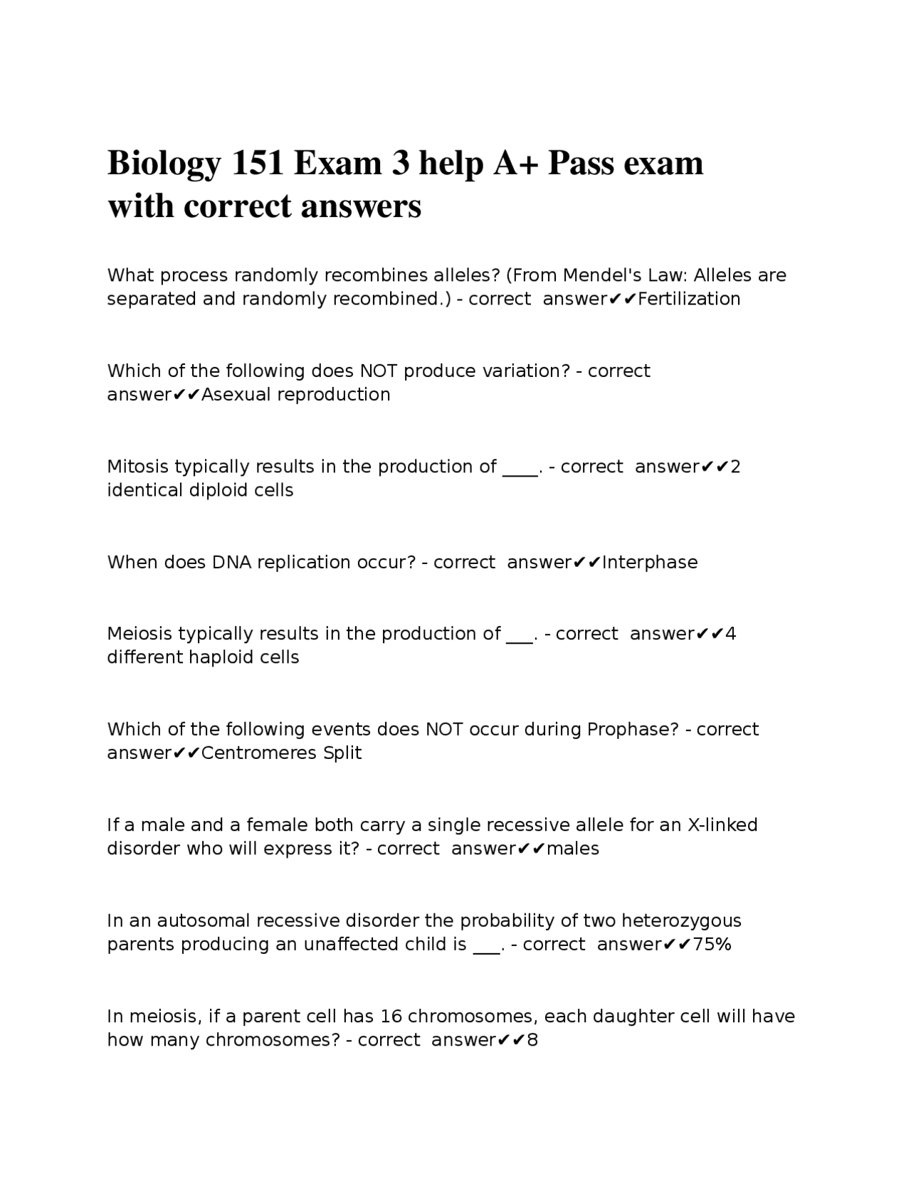 Biology Exam 3: Genetics and Cell Division Q&A | Exams Nursing | Docsity