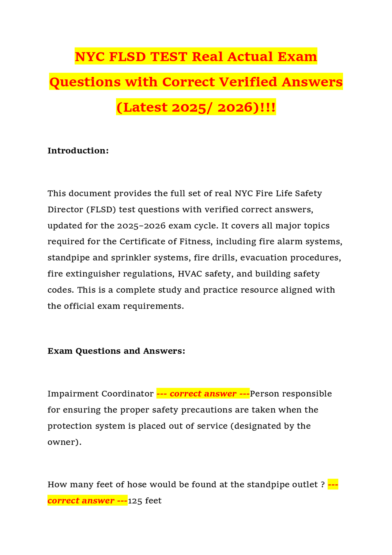 NYC Fire Life Safety Director (FLSD) Exam Questions and Answers 2025/ ...