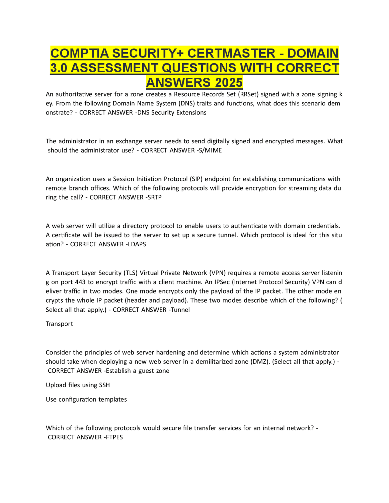 COMPTIA SECURITY+ CERTMASTER - DOMAIN 3.0 ASSESSMENT QUESTIONS WITH ...