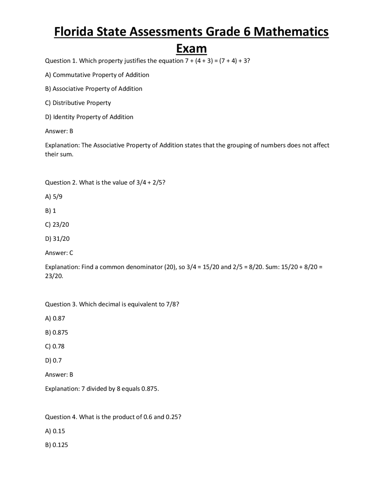 Florida State Assessments Grade 6 Mathematics Exam | Exams Technology ...