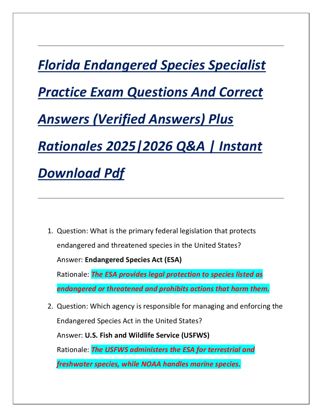 Florida Endangered Species Practice Exam Q&A | Exams Wildlife Ecology ...