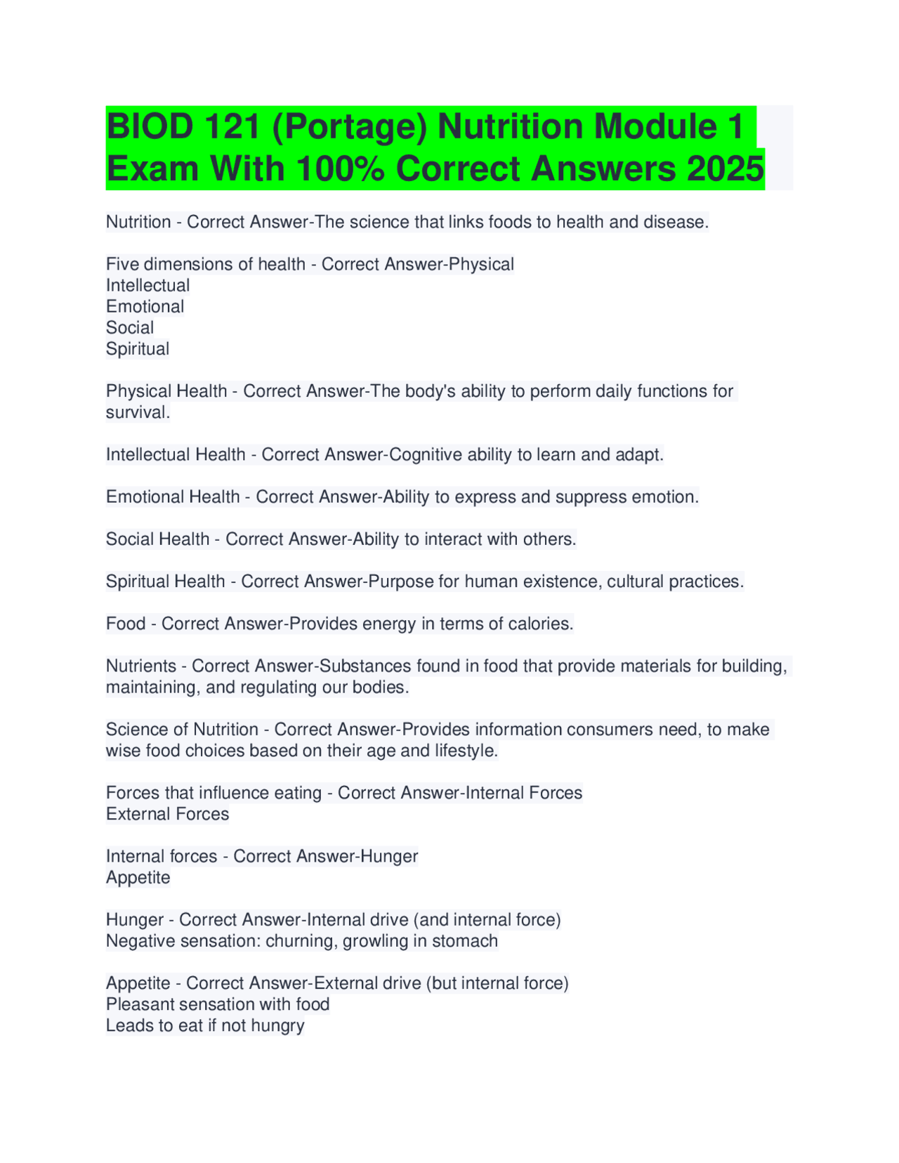 BIOD 121 (Portage) Nutrition Module 1 Exam With 100% Correct Answers ...