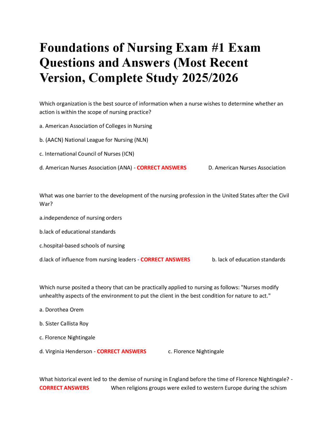 Foundations of Nursing Exam #1 Exam Questions and Answers (Most Recent ...