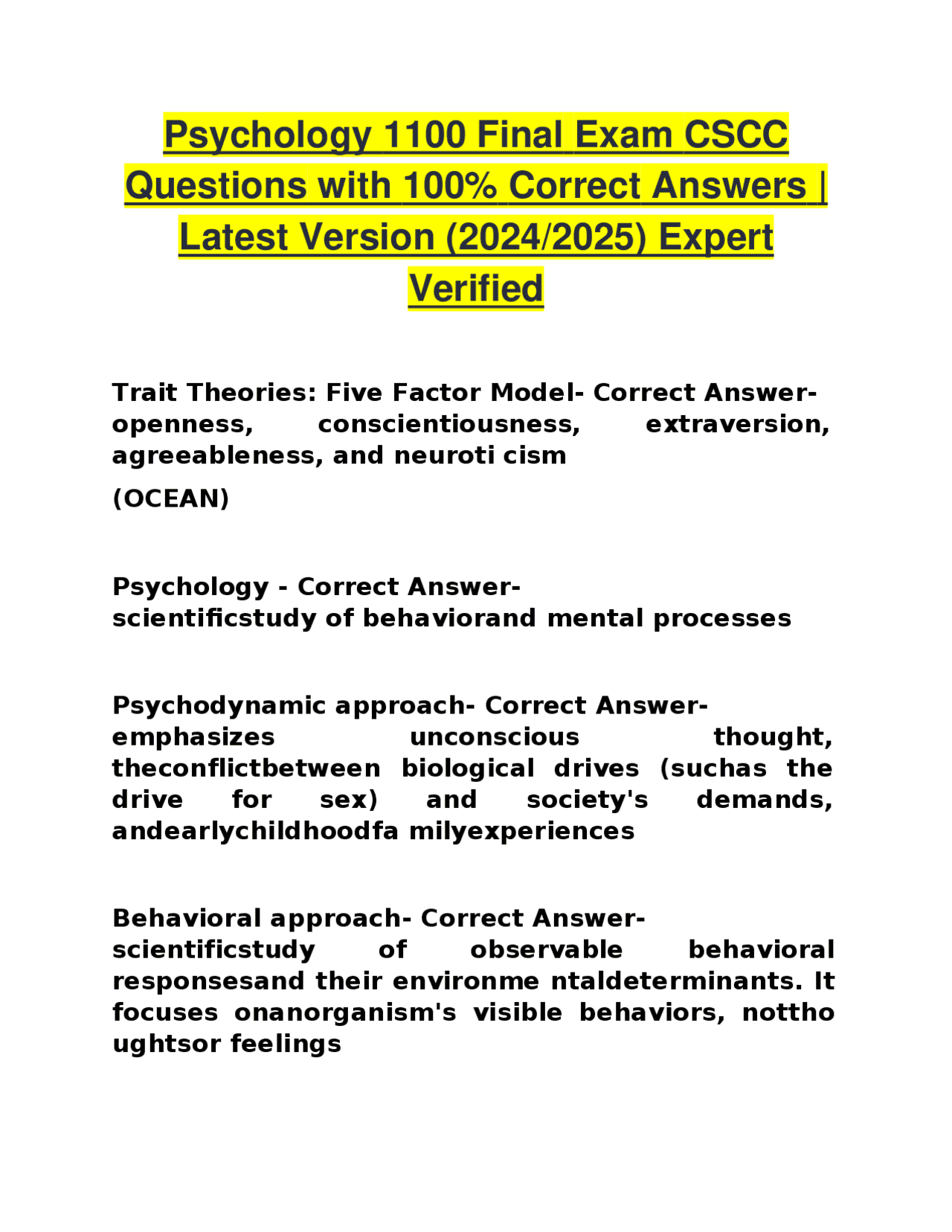 Psychology 1100 Final Exam CSCC Questions with 100% Correct Answers ...