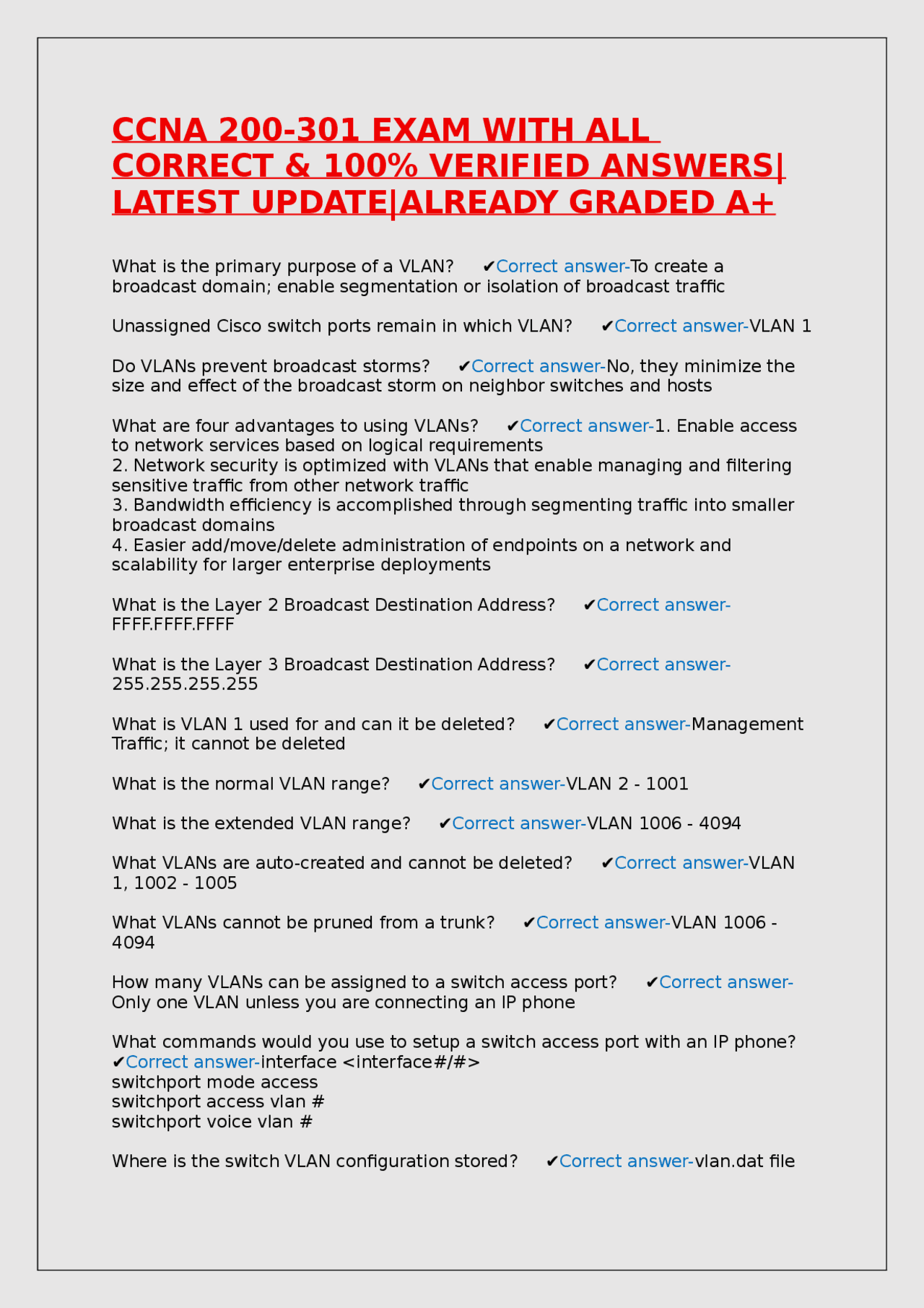 CCNA 200-301 EXAM WITH ALL CORRECT & 100% VERIFIED ANSWERS|LATEST ...