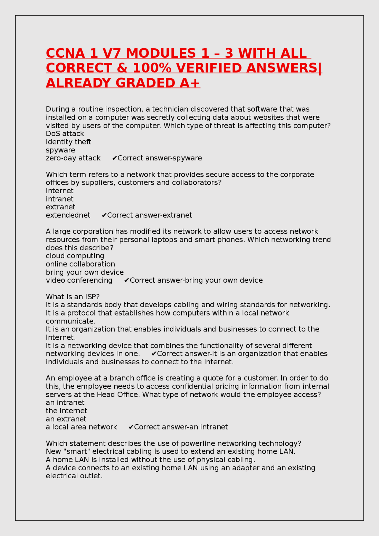 CCNA 1 V7 MODULES 1 – 3 WITH ALL CORRECT & 100% VERIFIED ANSWERS ...