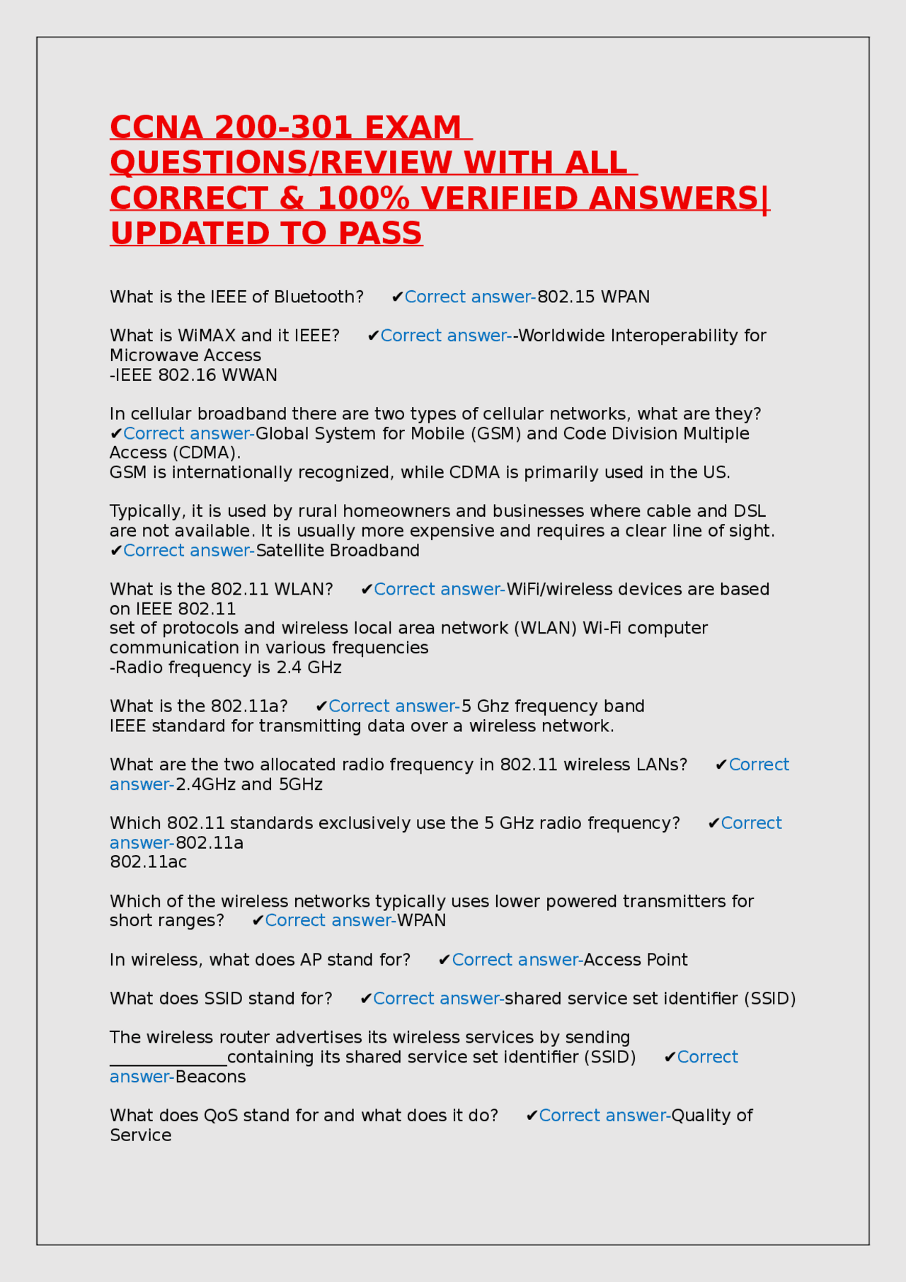 Ccna Test Example CCNA 200-301 EXAM QUESTIONS/REVIEW WITH ALL CORRECT & 100% VERIFIED ...