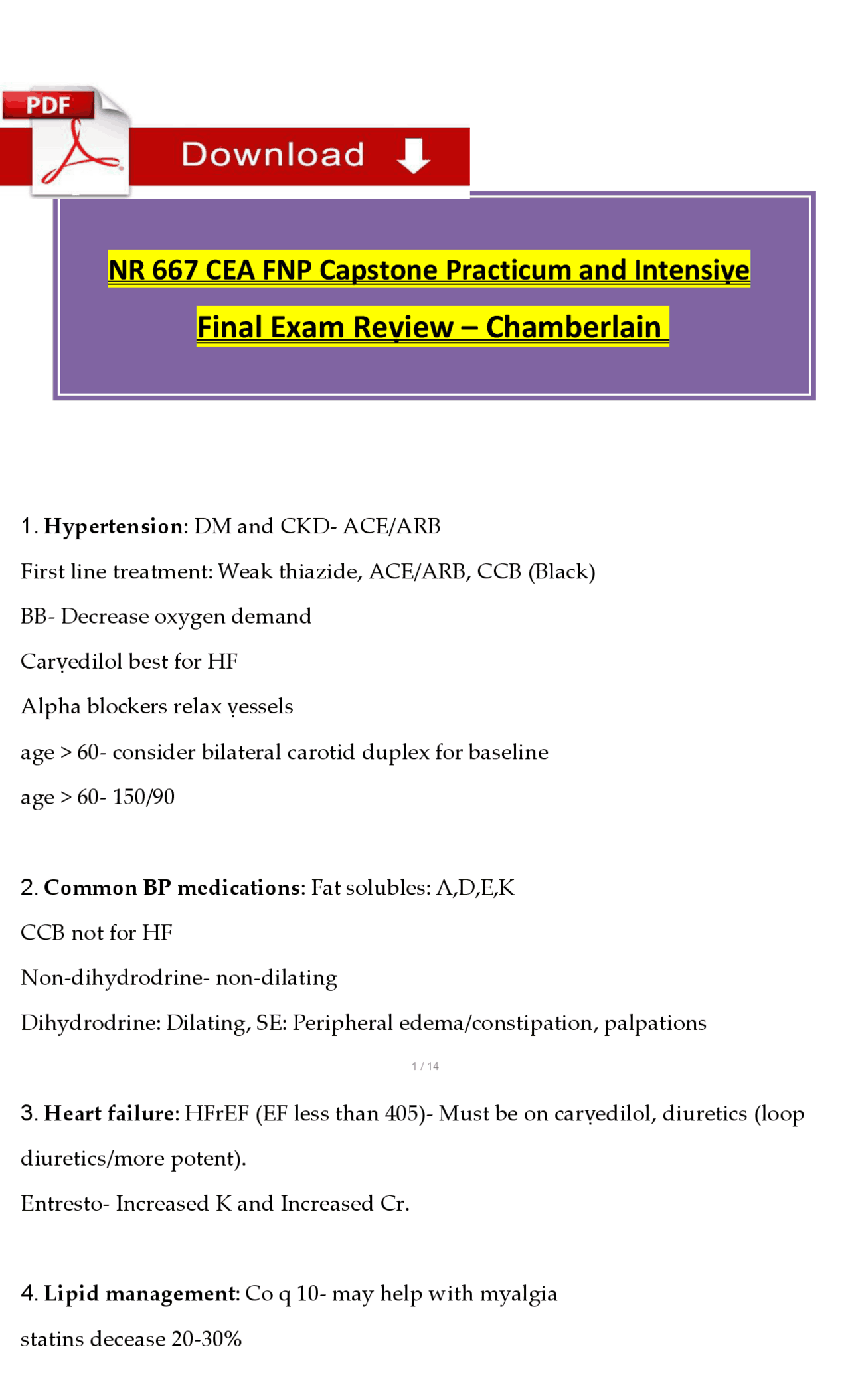 Chamberlain NR667 FNP Capstone CEA Final Exam Review & Study
