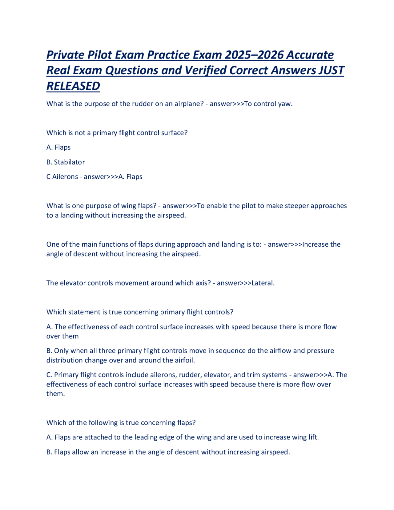 Ppl Test Private Pilot Exam Practice Exam 2025–2026 Accurate Real Exam Questions ...