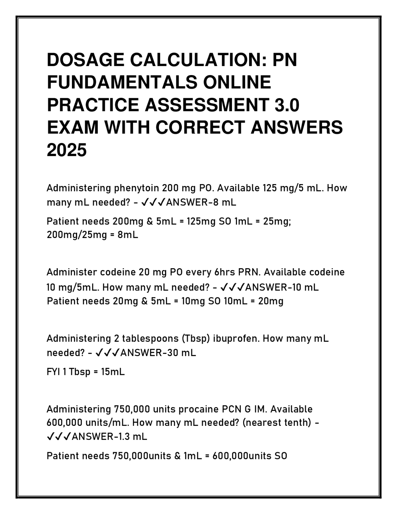 Dosage Calculation Practice Exam for Nurses: Fundamentals and Solutions ...
