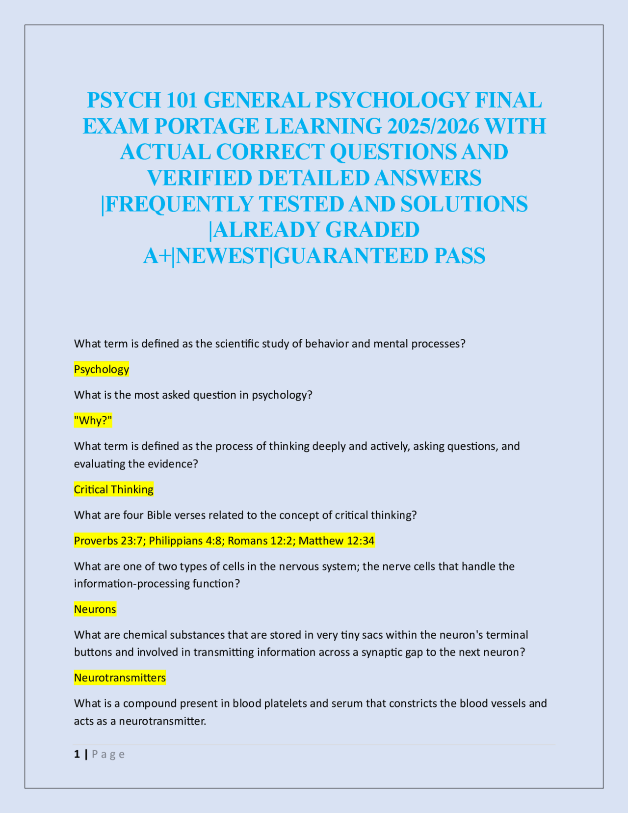 PSYCH 101 GENERAL PSYCHOLOGY FINAL EXAM PORTAGE LEARNING 2025/2026 ...