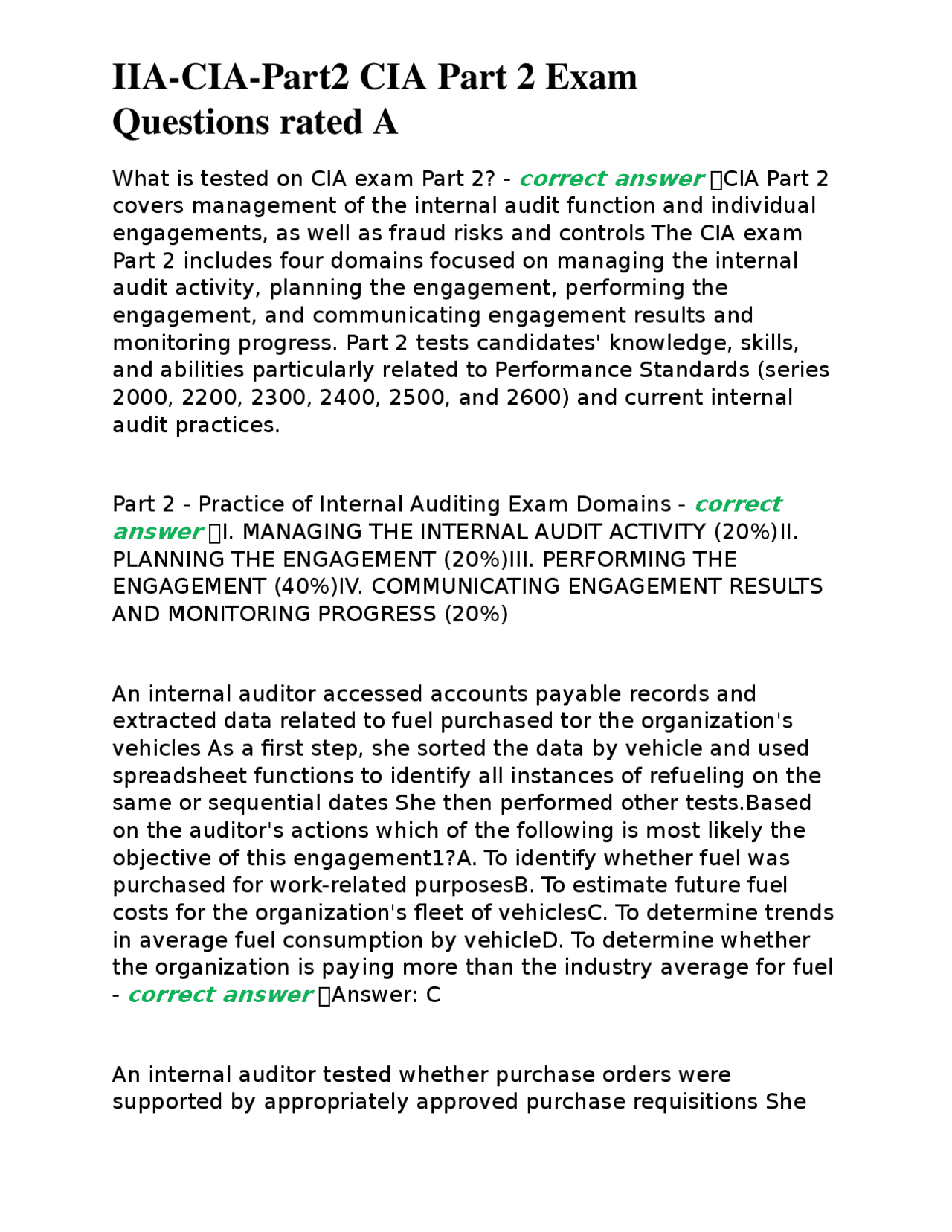 CIA Part 2 Exam Practice Questions | Exams Nursing | Docsity