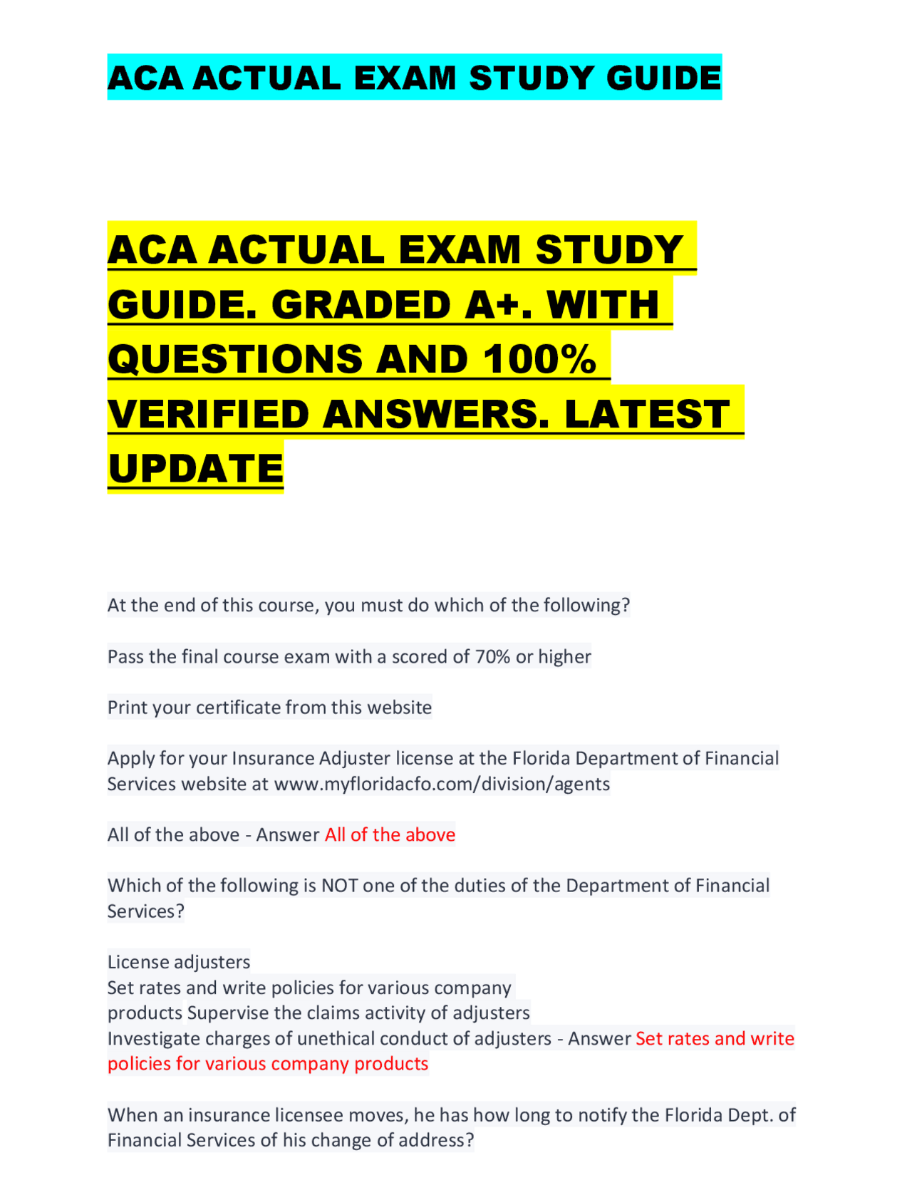 ACA ACTUAL EXAM STUDY GUIDE ACA ACTUAL EXAM STUDY GUIDE. GRADED A+ ...