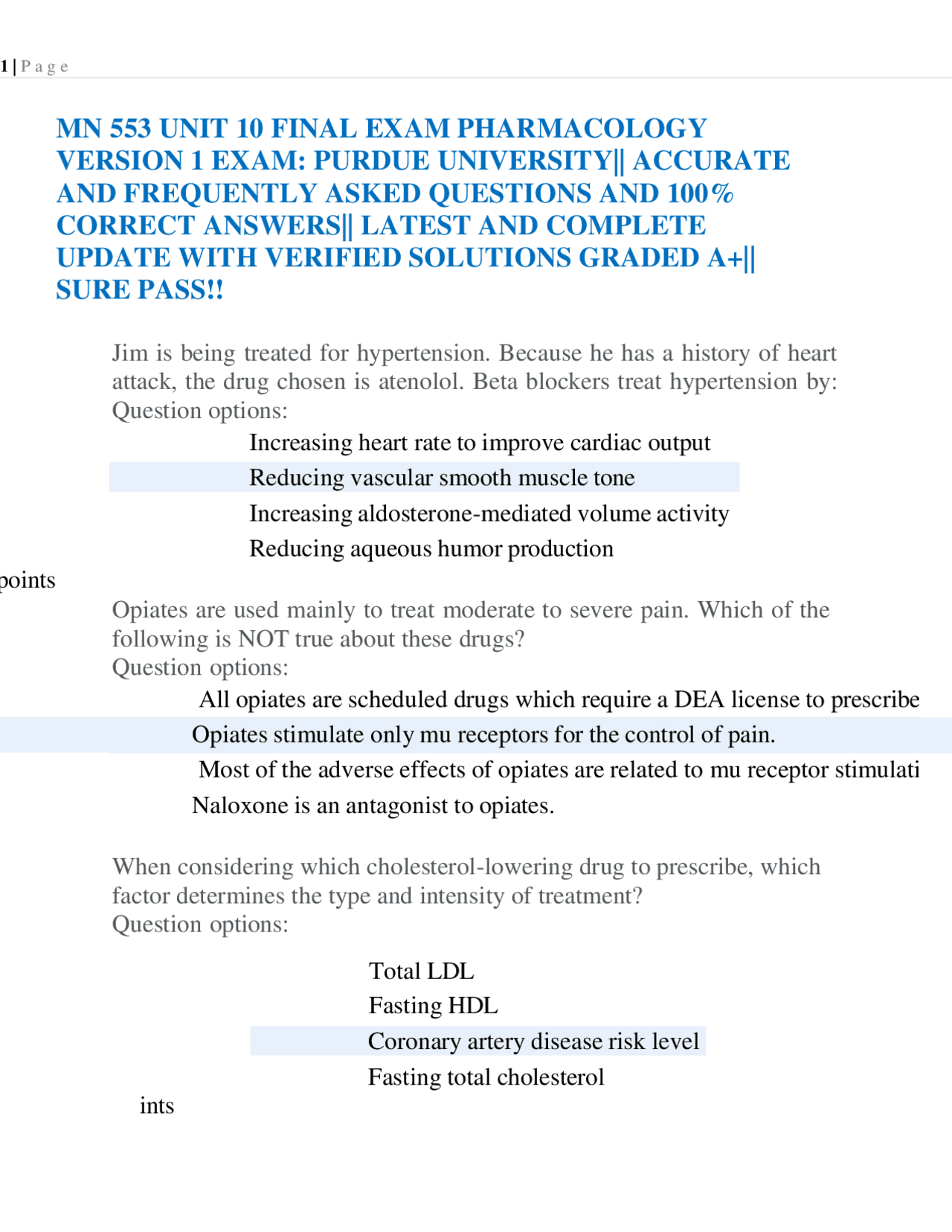 MN 553 UNIT 10 FINAL EXAM PHARMACOLOGY VERSION 1 EXAM: PURDUE ...