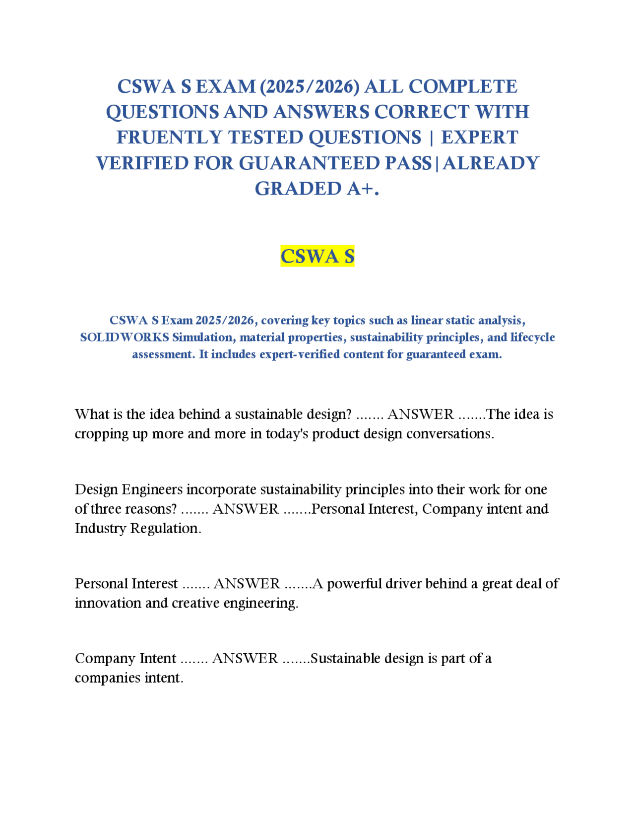 CSWA S EXAM (2025/2026) ALL COMPLETE QUESTIONS AND ANSWERS CORRECT WITH ...
