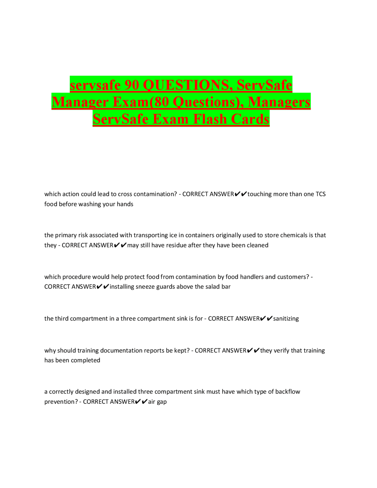 servsafe 90 QUESTIONS, ServSafe Manager Exam(80 Questions), Managers  ServSafe Exam Flash C | Exams Advanced Education