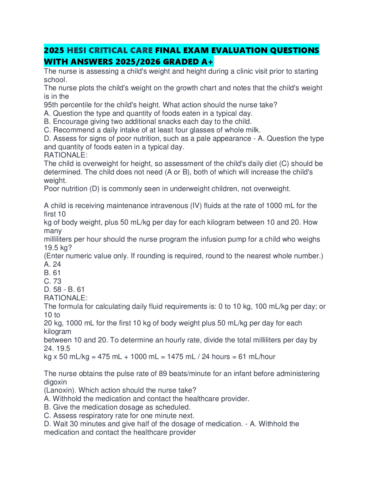 2025 HESI CRITICAL CARE FINAL EXAM EVALUATION QUESTIONS WITH ANSWERS ...