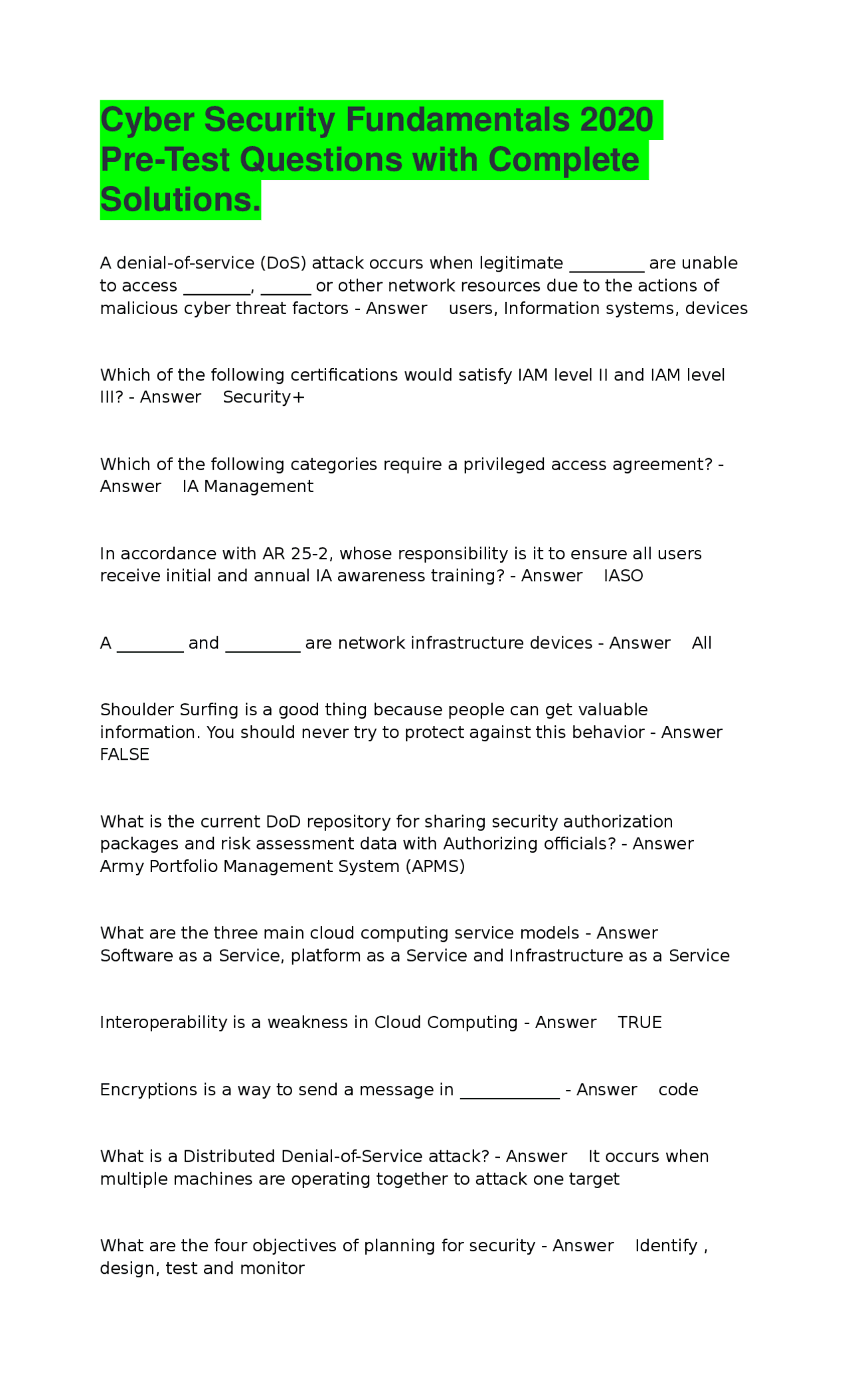 Cyber Security Fundamentals 2020 Pre-Test Questions with Complete ...
