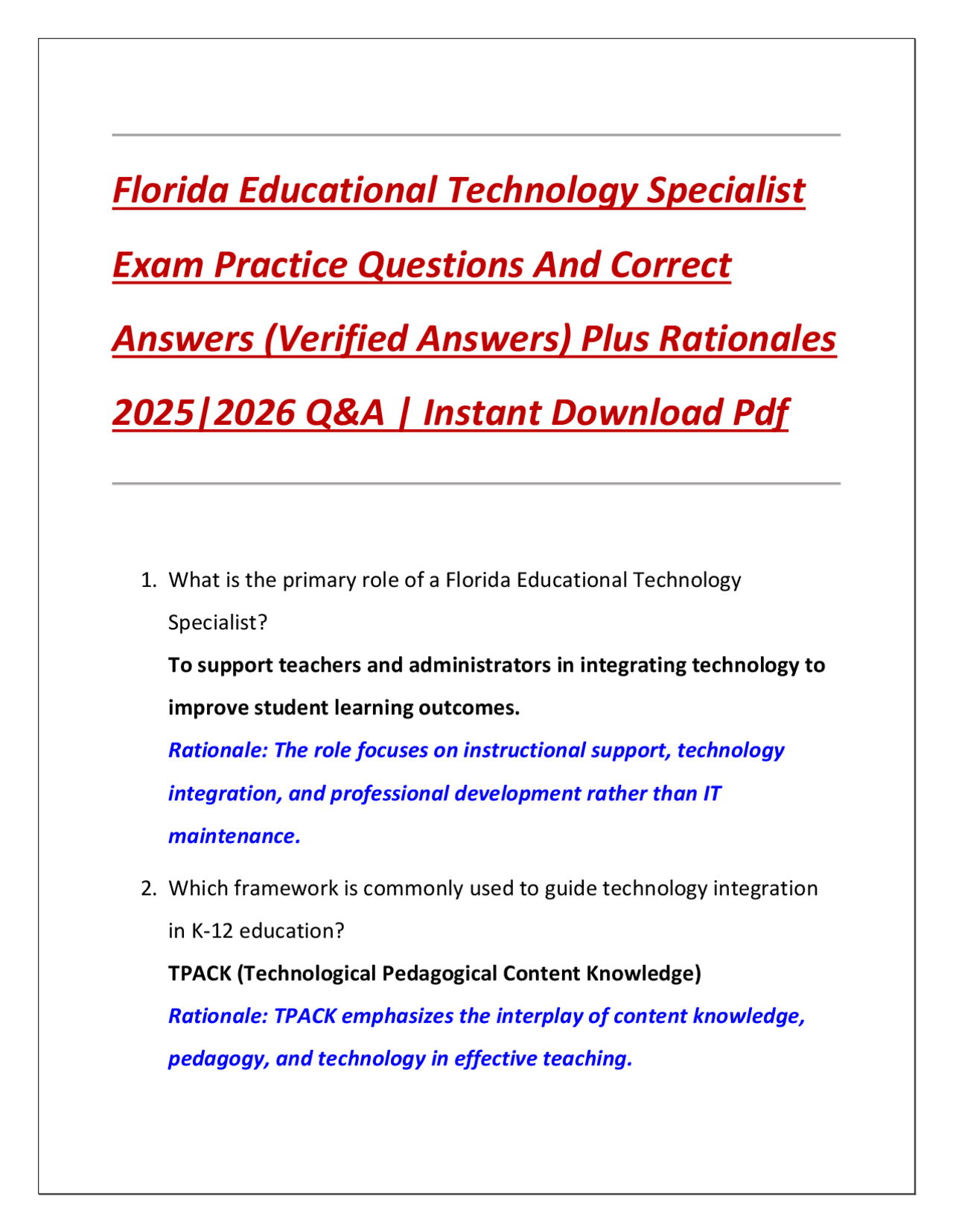 Florida Educational Technology Specialist Exam: Practice Questions and ...