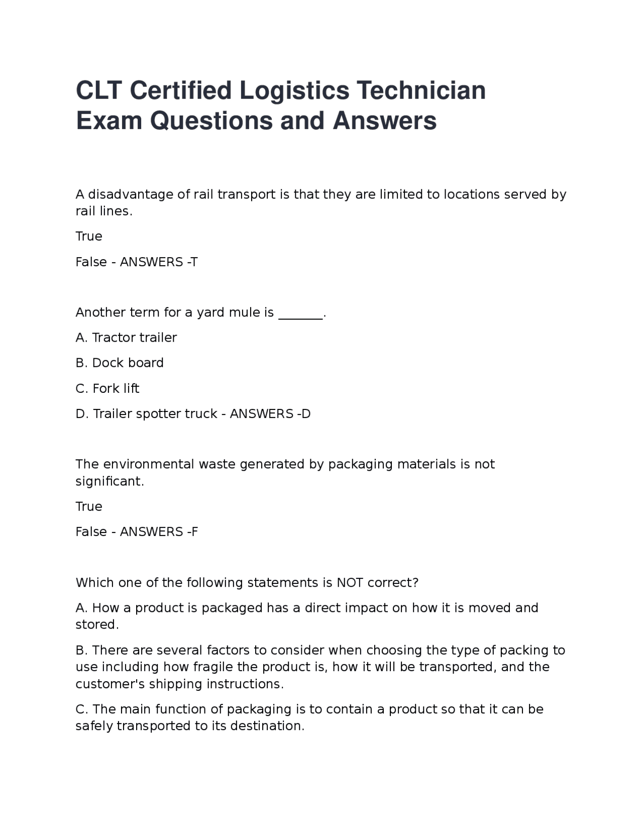 CLT Exam Questions and Answers: Logistics and Supply Chain | Exams ...