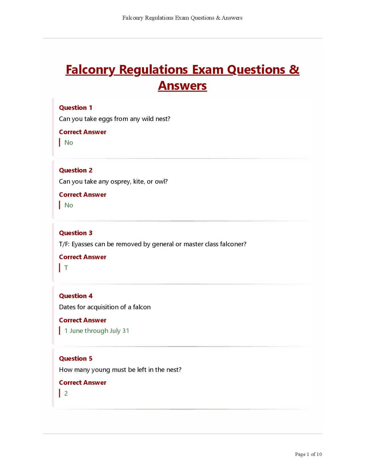 Sample Regulation Question Falconry Regulations Exam: Questions and Answers | Exams Nursing | Docsity