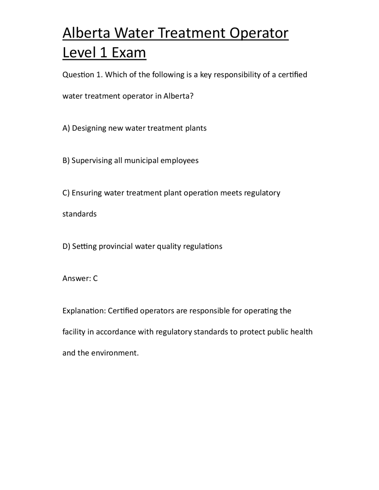 Alberta Water Treatment Operator Level 1 Exam | Exams Technology | Docsity