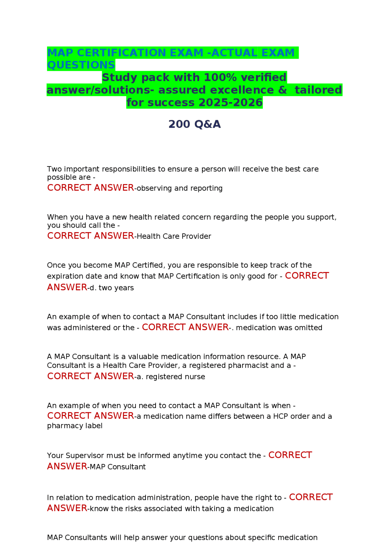 MAP CERTIFICATION EXAM -ACTUAL EXAM QUESTIONS Study pack with 100% ...