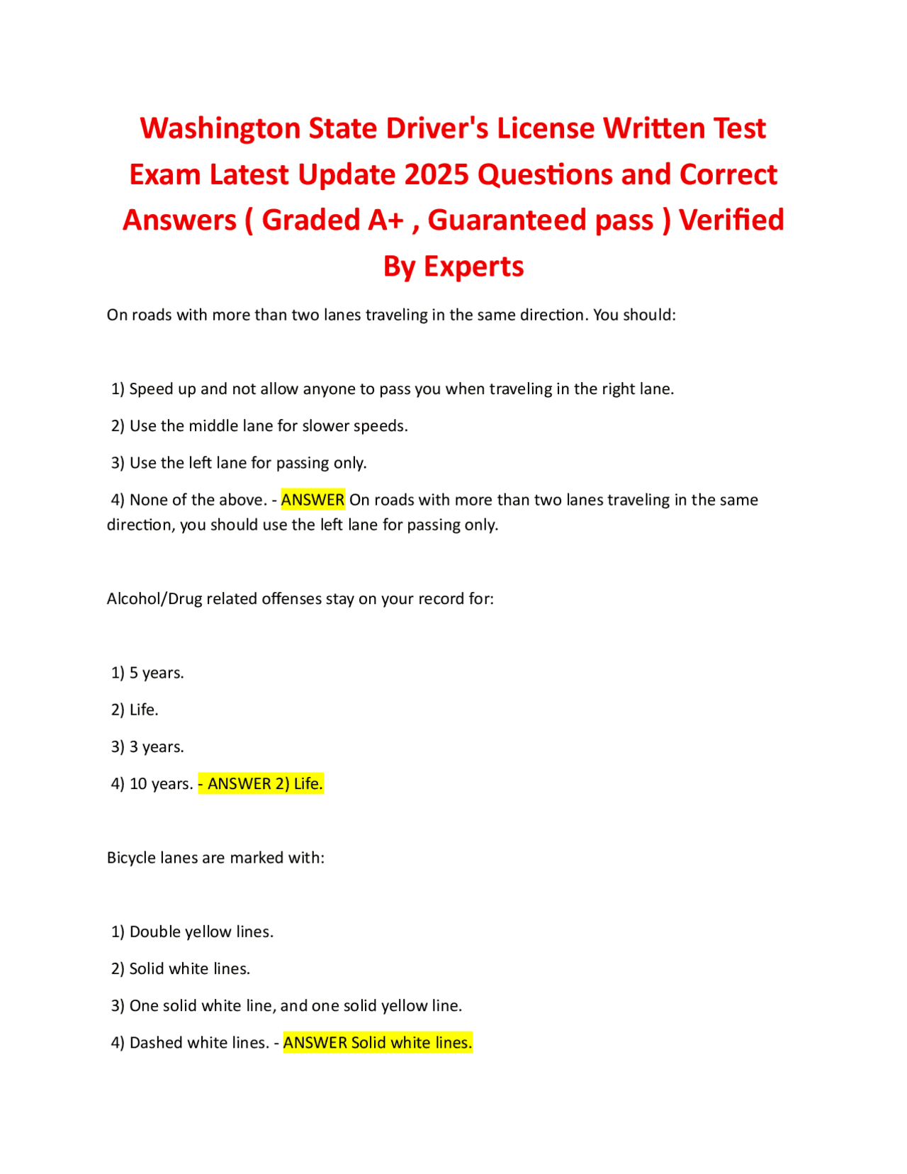 Washington State Driver's License Written Test Exam Latest Update 2025 ...