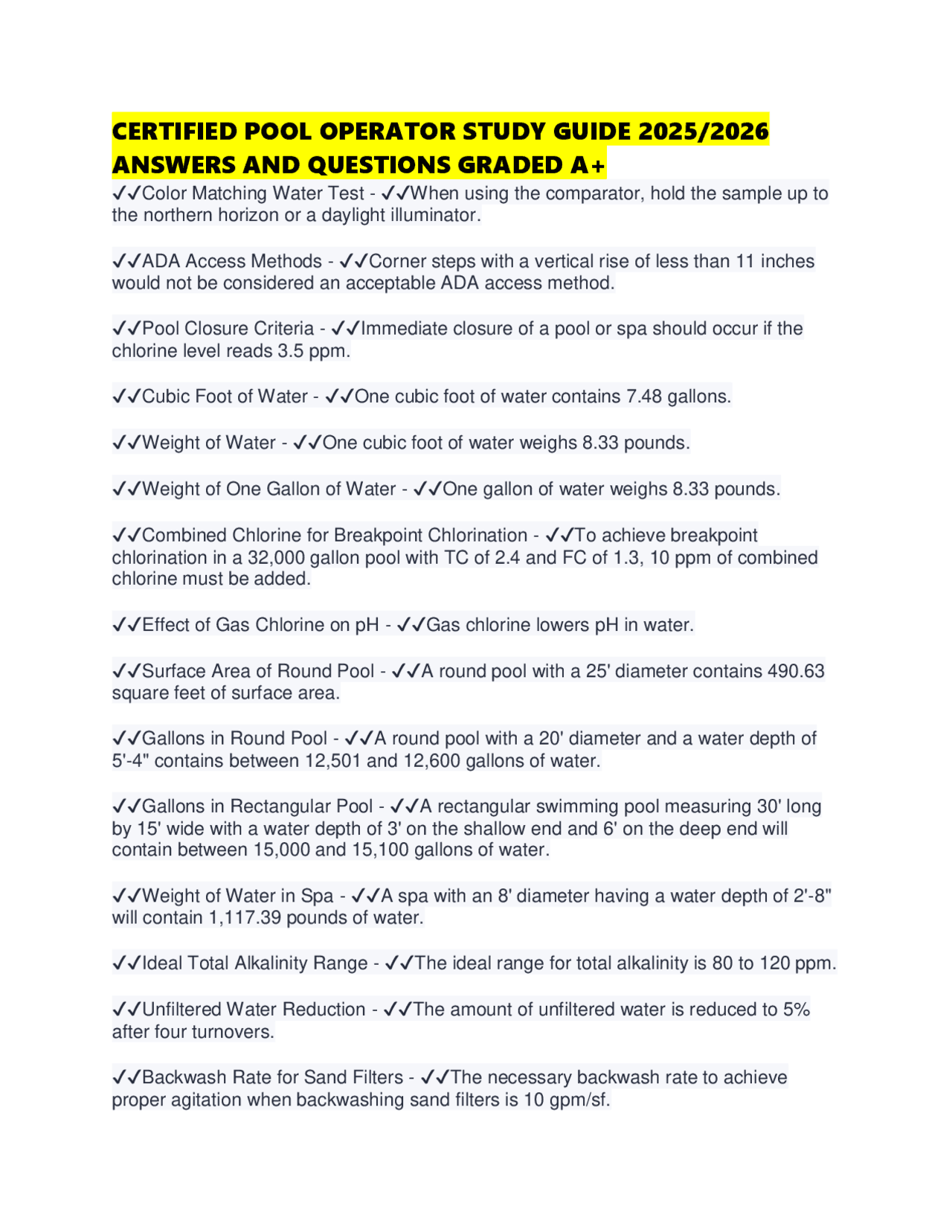 CERTIFIED POOL OPERATOR STUDY GUIDE 2025/2026 ANSWERS AND QUESTIONS ...