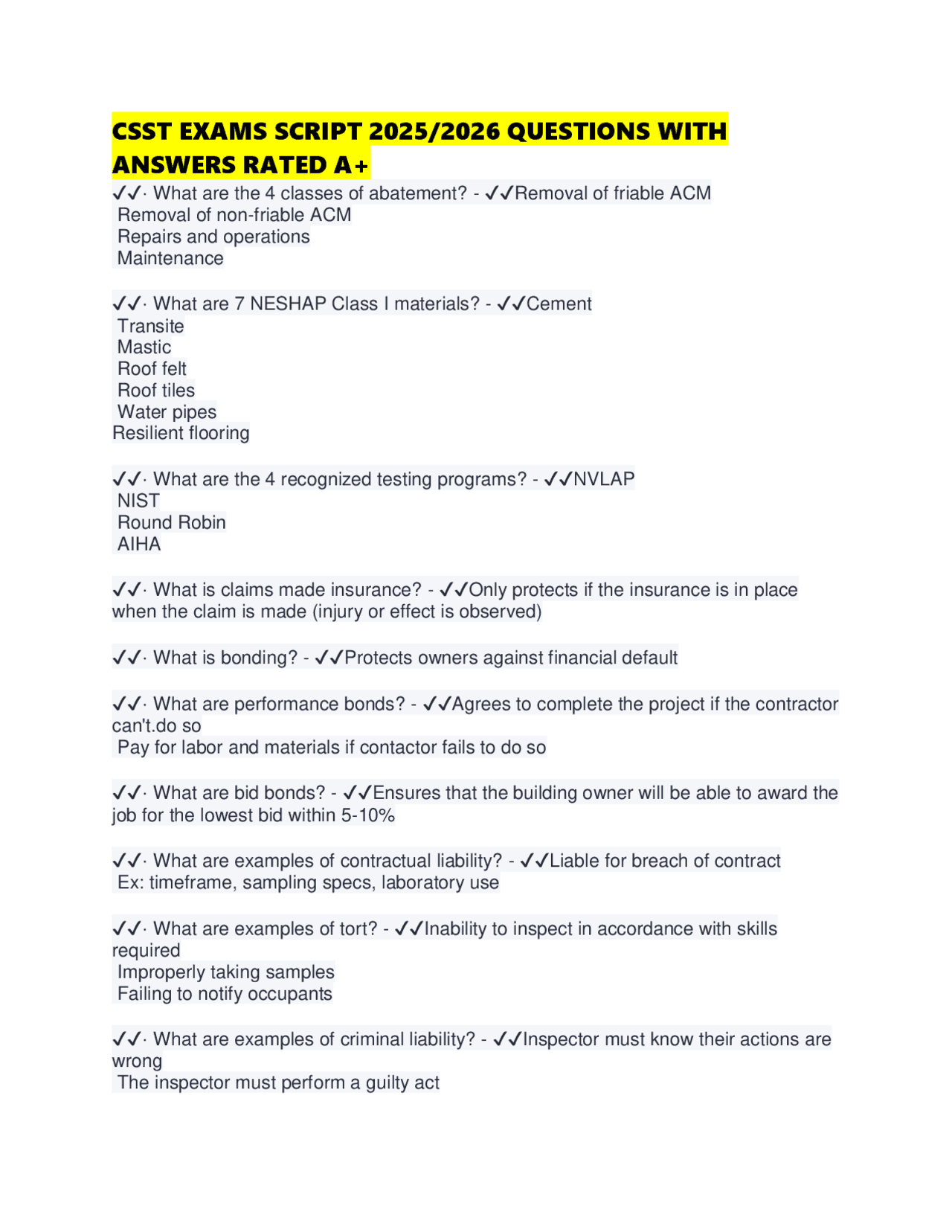 CSST EXAMS SCRIPT 2025/2026 QUESTIONS WITH ANSWERS RATED A+ | Exams ...