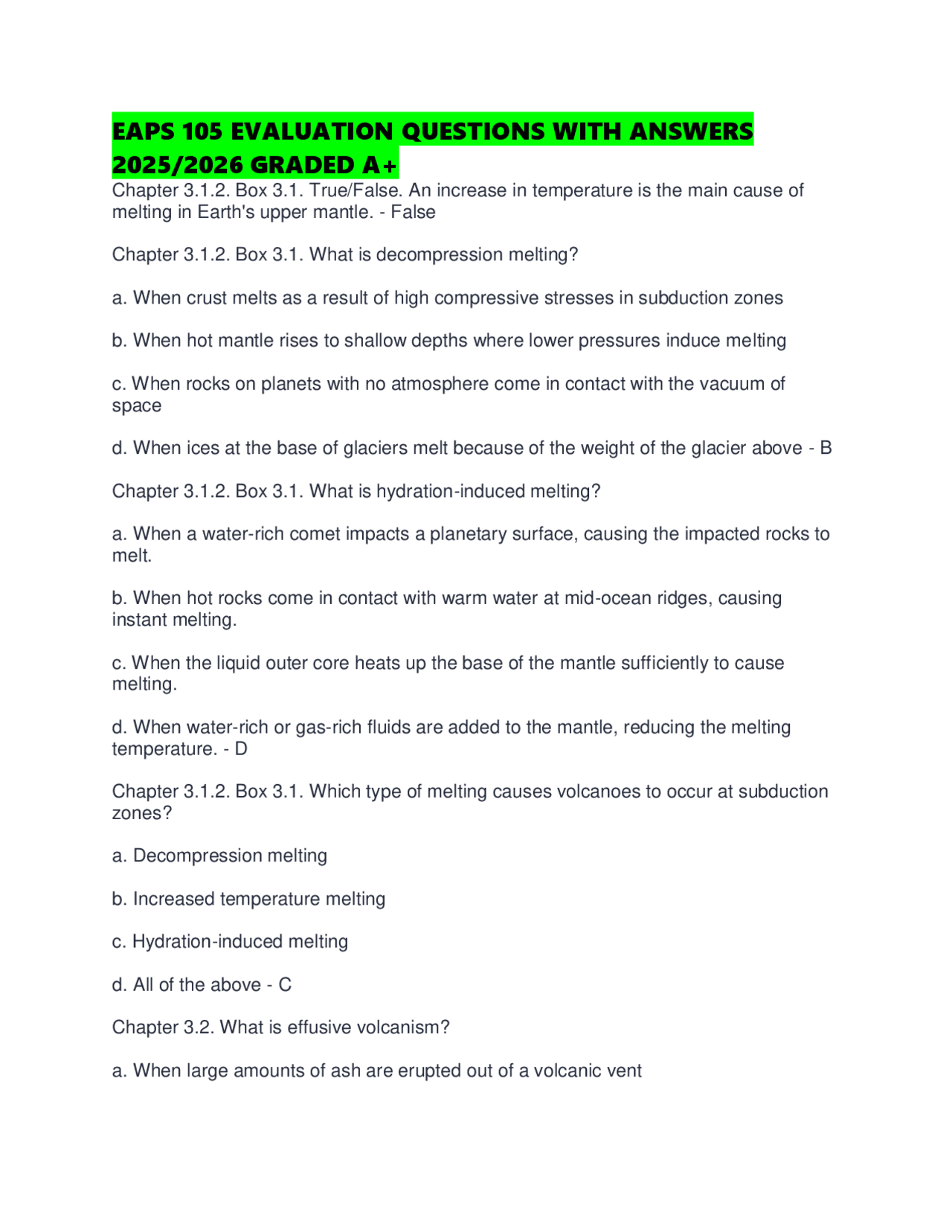 EAPS 105 EVALUATION QUESTIONS WITH ANSWERS 2025/2026 GRADED A+ | Exams ...