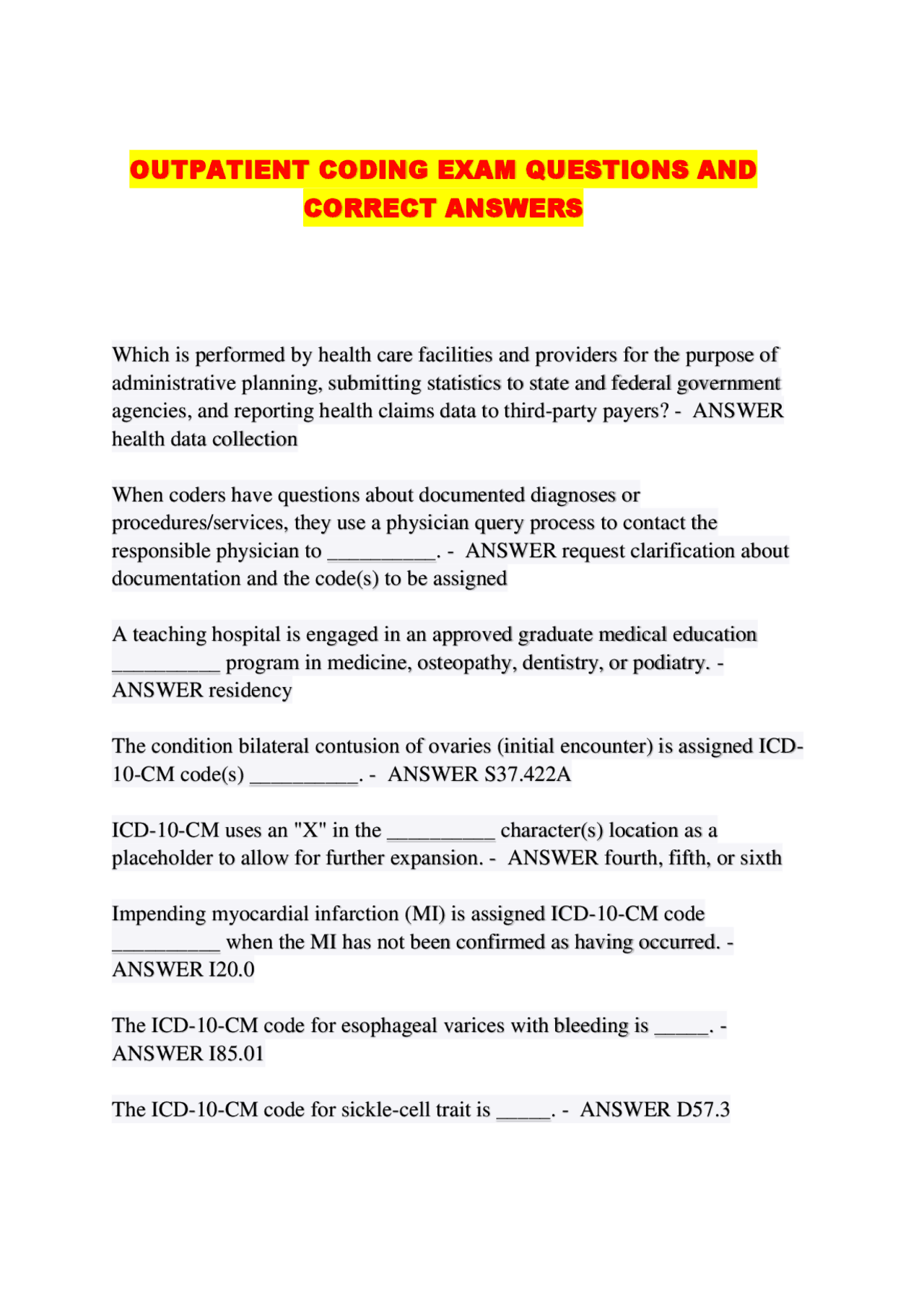 Outpatient Medical Coding Exam: ICD-10 & CPT Practice Questions | Exams ...