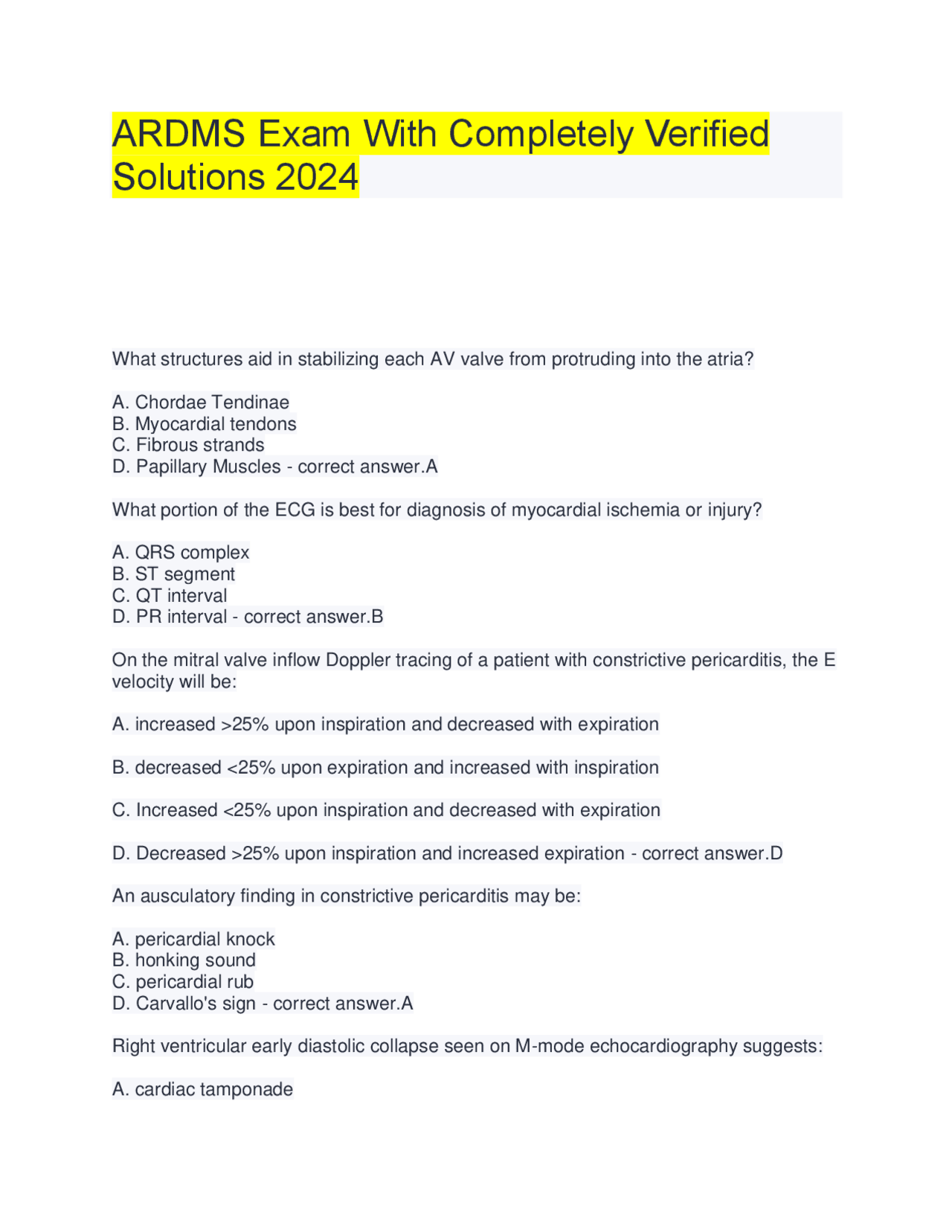 ARDMS Cardiology Exam Questions with Verified Solutions 2024 | Exams ...