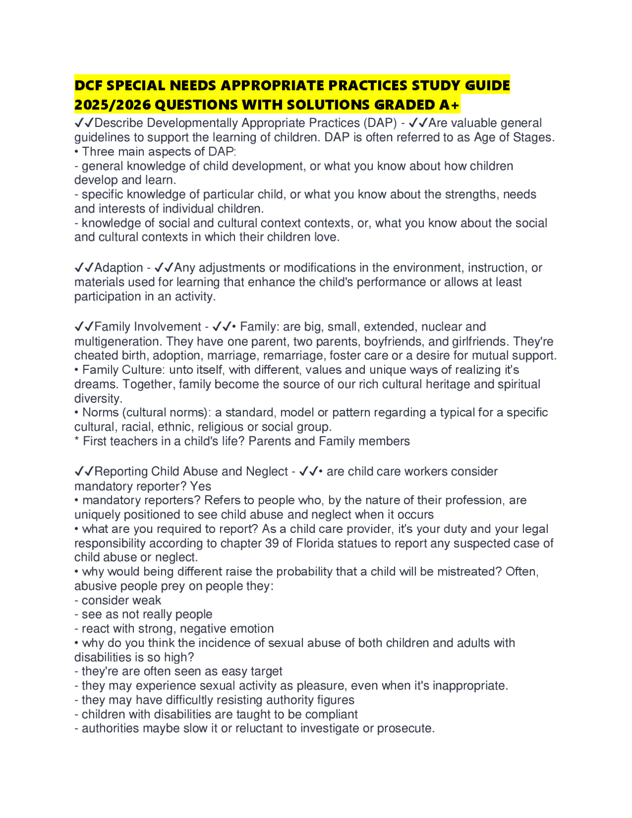 DCF SPECIAL NEEDS APPROPRIATE PRACTICES STUDY GUIDE 2025/2026 QUESTIONS ...