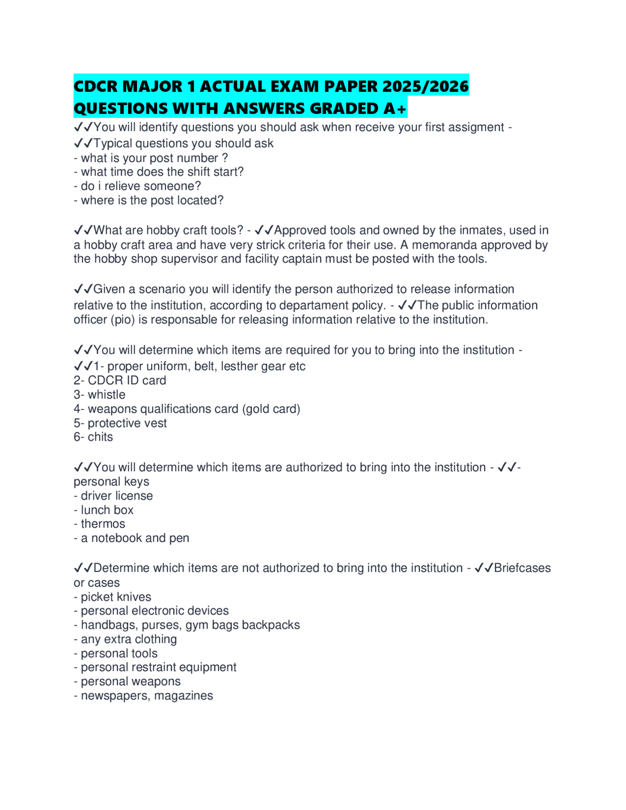 CDCR MAJOR 1 ACTUAL EXAM PAPER 2025/2026 QUESTIONS WITH ANSWERS GRADED ...