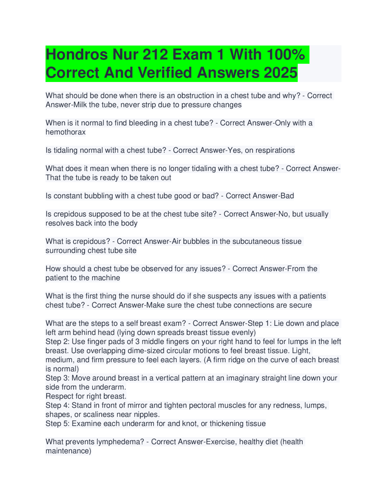 Hondros Nur 212 Exam 1 With 100% Correct And Verified Answers 2025 ...