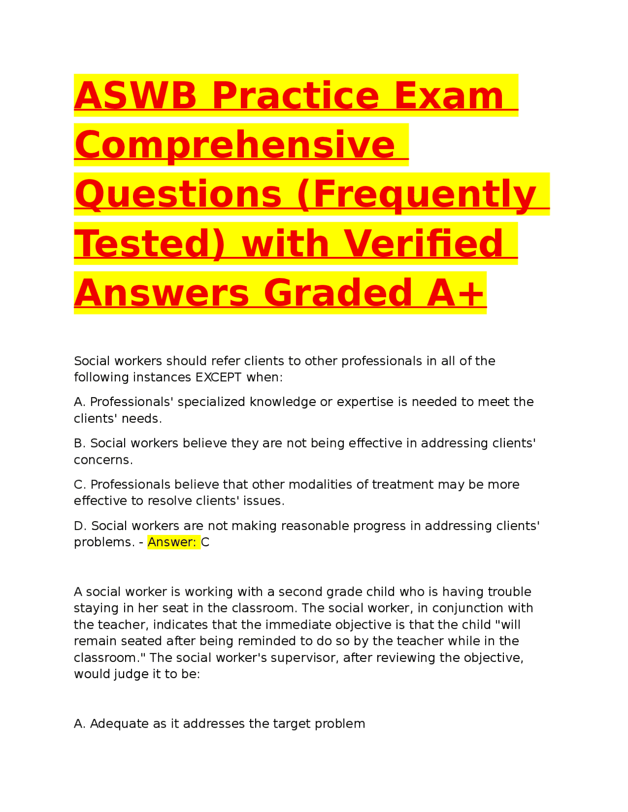 ASWB Practice Exam: Comprehensive Social Work Questions and Answers ...