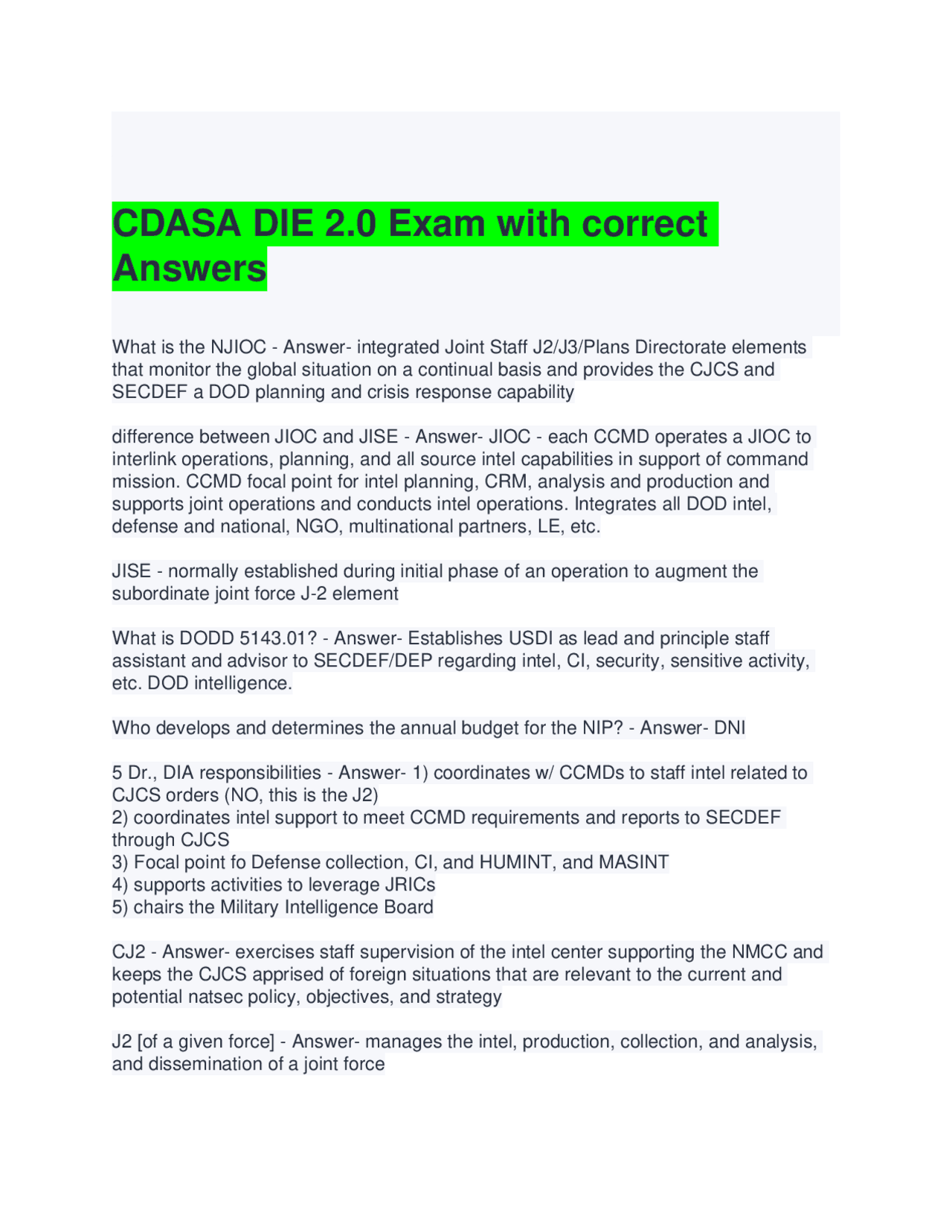 CDASA DIE 2.0 Exam Q&A: Military Intelligence and DOD Directives ...