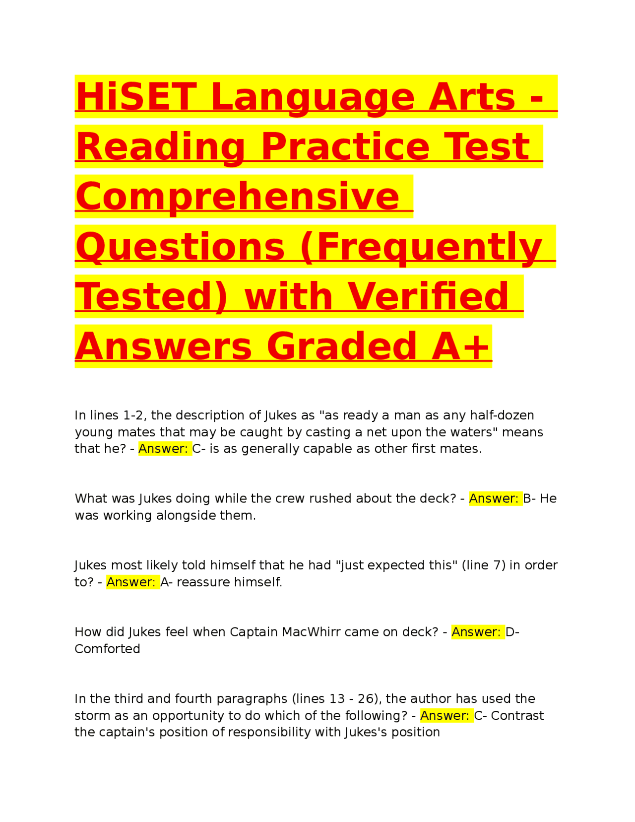 HiSET Language Arts Reading Practice Test: Comprehensive Questions and Answers | Exams Advanced ...