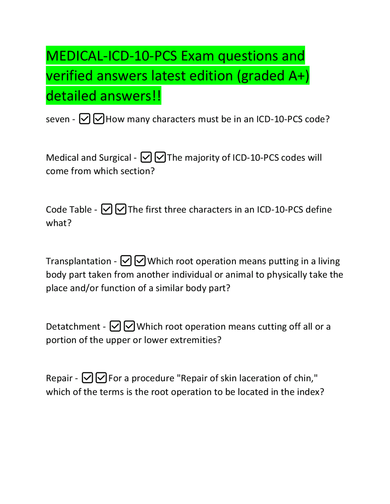 ICD-10-PCS Exam Questions and Answers | Exams Medical Genetics | Docsity