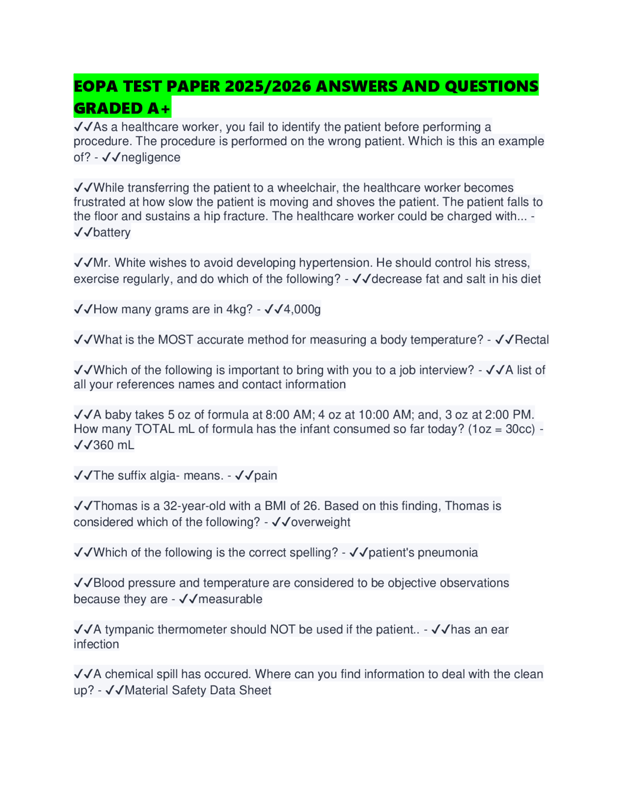 EOPA TEST PAPER 2025/2026 ANSWERS AND QUESTIONS GRADED A+ | Exams ...