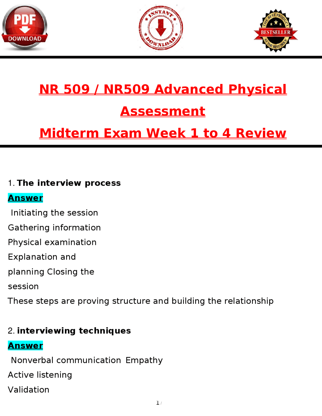 NR 509 / NR509 Advanced Physical Assessment (2025 Exam) – Midterm Exam ...