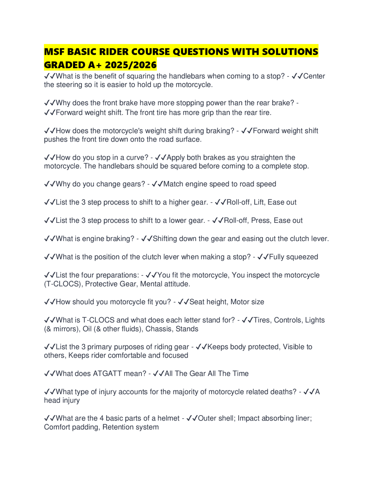Msf Basic Rider Course Handbook Worksheet MSF Basic Rider Course: Questions and Solutions for Motorcycle Safety ...